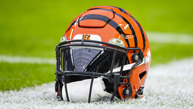 Nov 21, 2021; Paradise, Nevada, USA; Detailed view of a Cincinnati Bengals helmet against the Las Vegas Raiders at Allegiant Stadium. Mandatory Credit: Mark J. Rebilas-USA TODAY Sports